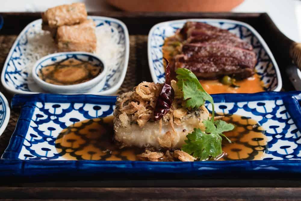 Fried sablefish with tamarind sauce, beef steak and fried tofu