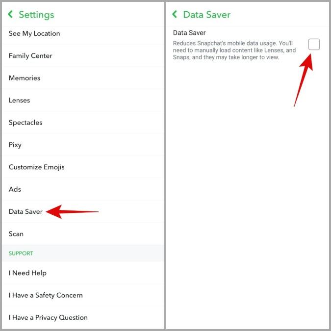 Disable Snapchat Data Saver on Mobile