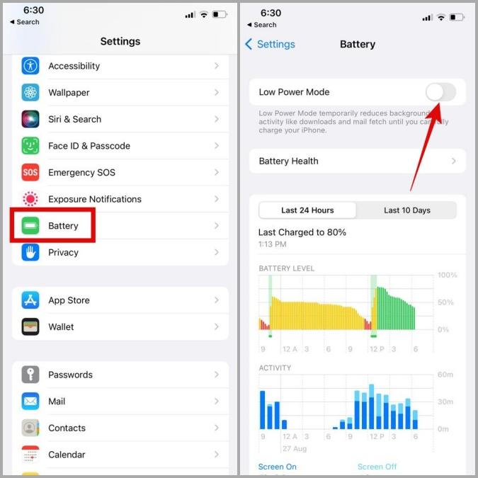 Disable Low Power Mode on iPhone