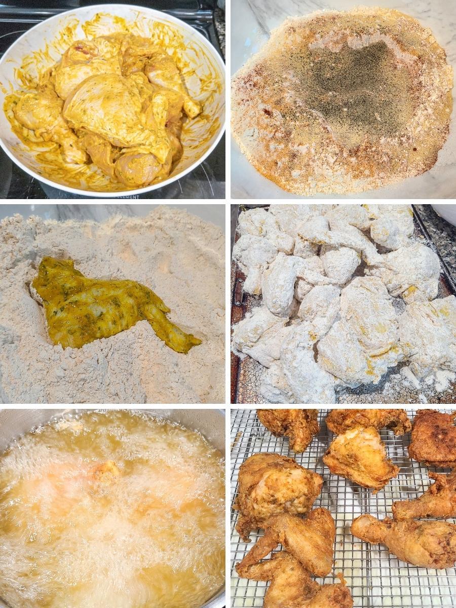 From left to right, mustard coated chicken, flour with spices, coated chicken wings in seasoned flour, breaded chicken pieces, chicken frying in oil, deep fried chicken on a rack