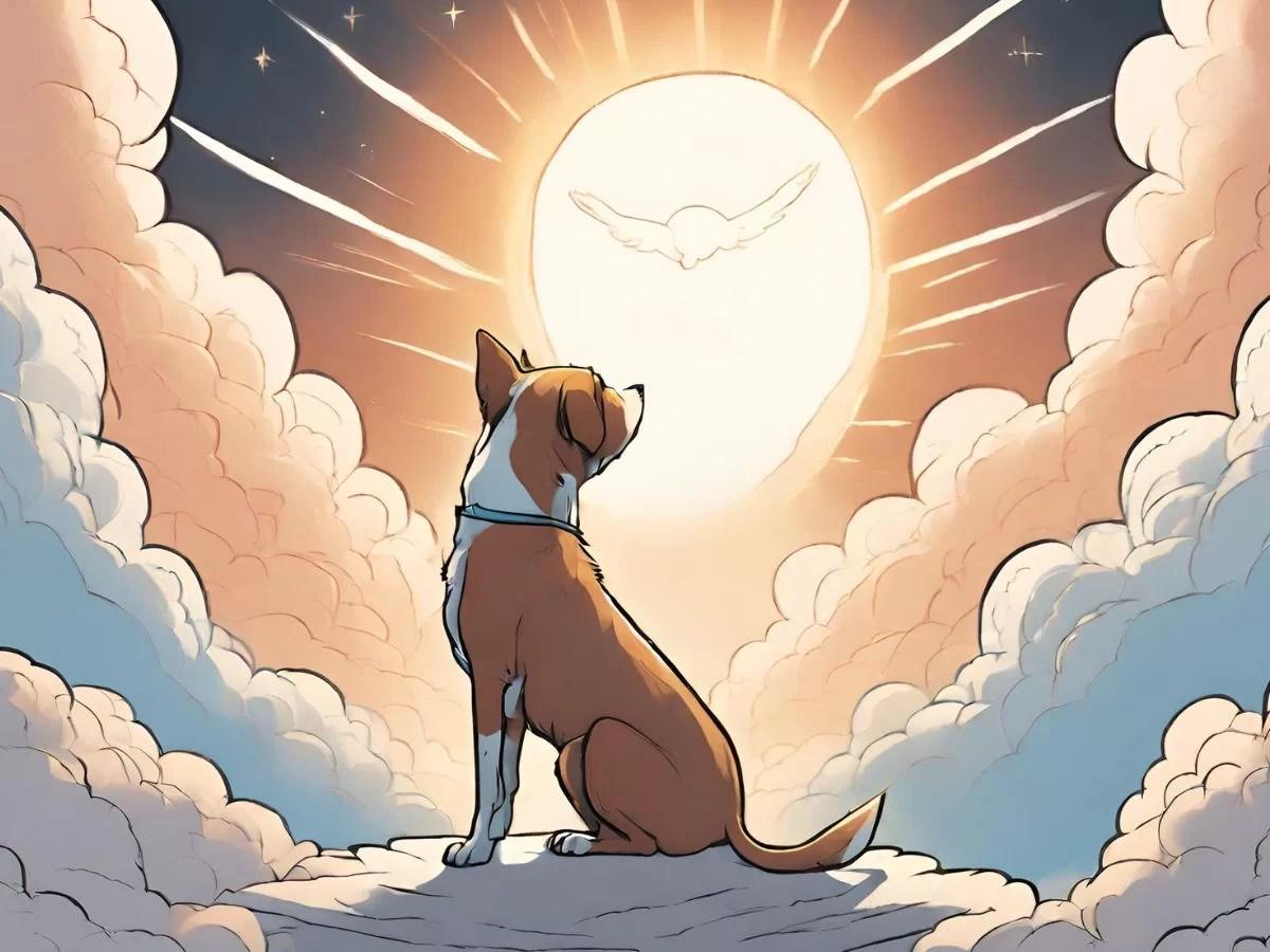 a dog in heaven, with a sun on the background.