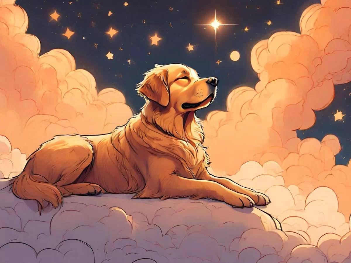 a Goden Retriever sitting on a cloud, with a starry background