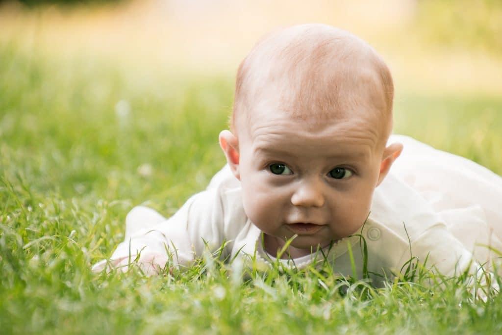 Do autistic babies laugh when tickled? A baby lies on their stomach in the grass and looks incredulous.