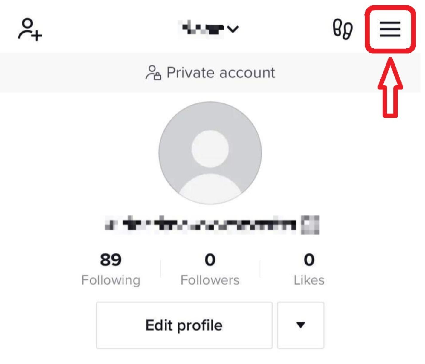 tiktok profile with an arrow pointing at the three line profile settings button