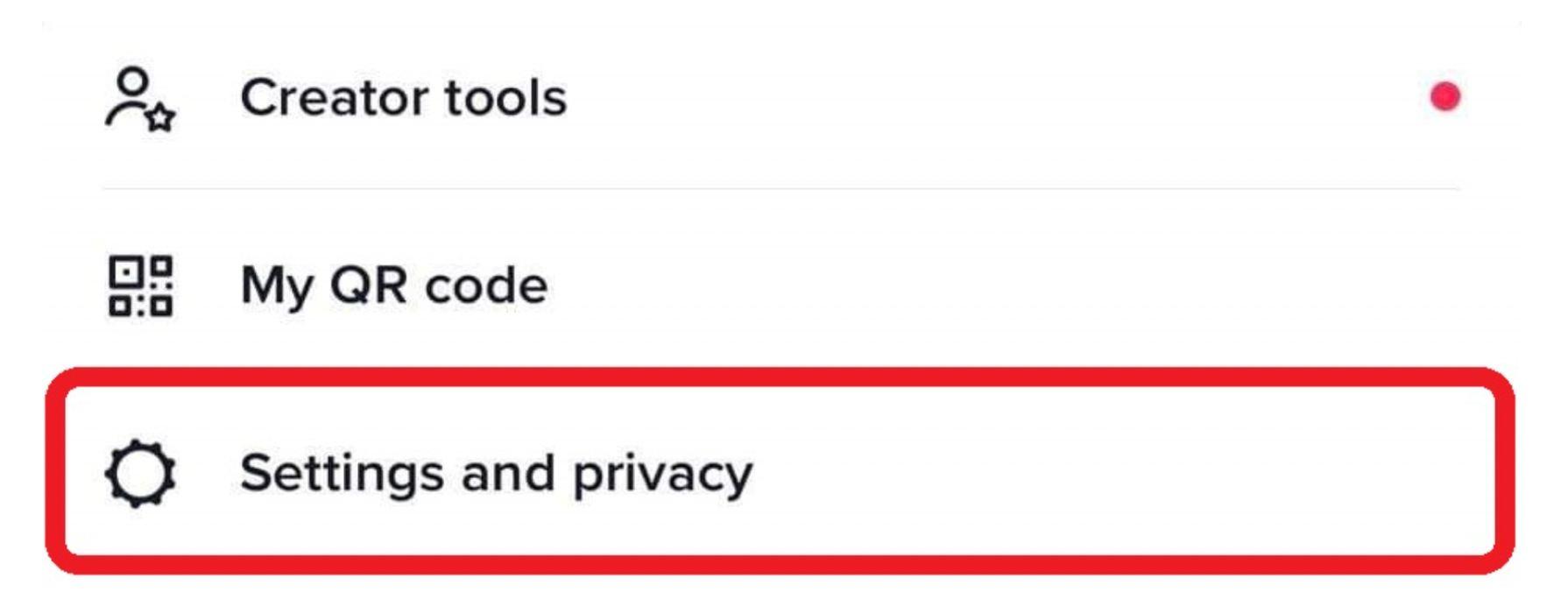 tiktok profile settings menu with the settings and privacy option highlighted