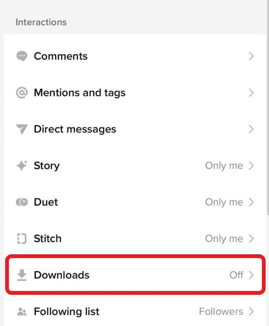 tiktok account privacy settings with a highlight on the downloads option