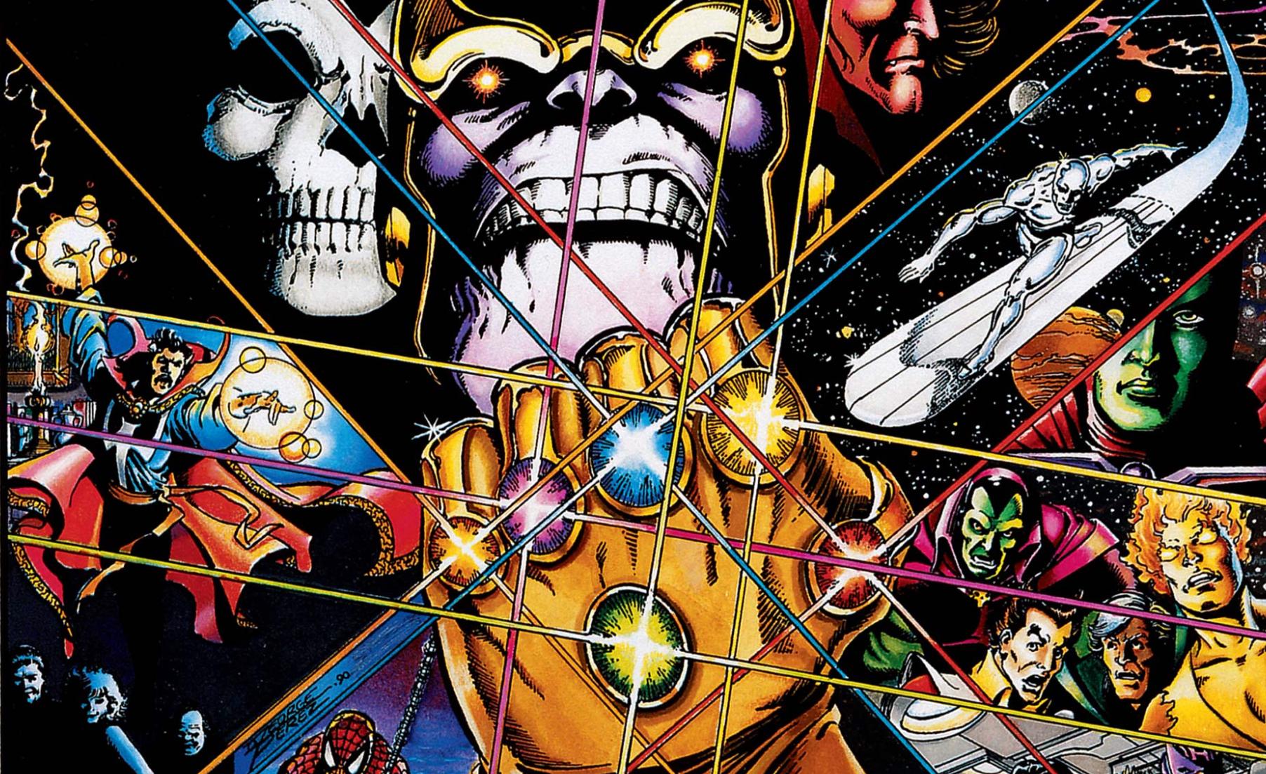 Thanos and other Marvel characters on the Cover of Infinity Gauntlet #1, Marvel Comics, 1991.