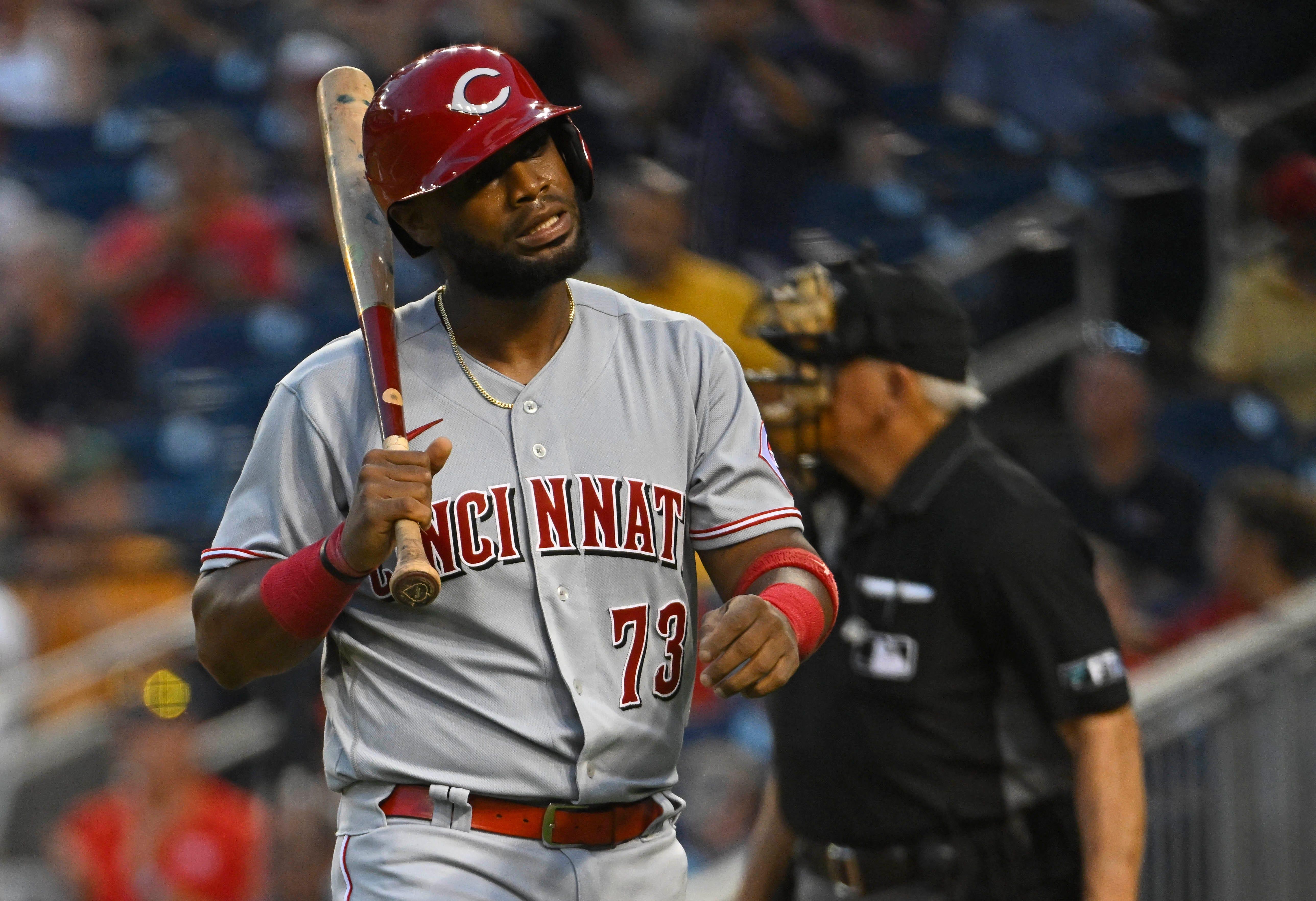 Aug 26, 2022; Washington, District of Columbia, USA; Cincinnati Reds catcher Chuckie Robinson (73) reacts after striking out during the second inning against the Washington Nationals at Nationals Park. Mandatory Credit: Brad Mills-USA TODAY Sports