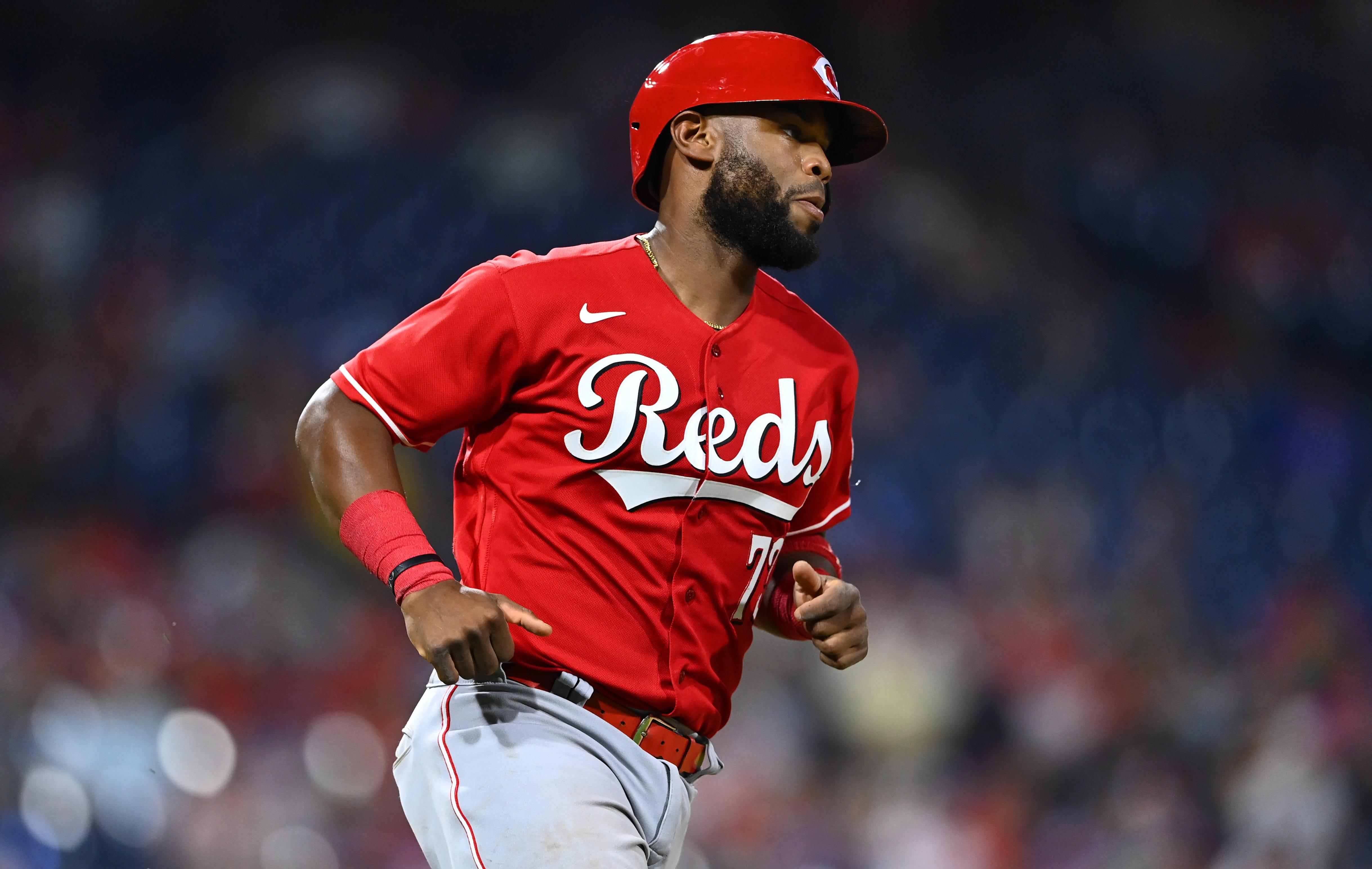 Aug 24, 2022; Philadelphia, Pennsylvania, USA; Cincinnati Reds catcher Chuckie Robinson (73) runs to first after hitting a single against the Philadelphia Phillies in the fifth inning at Citizens Bank Park. Mandatory Credit: Kyle Ross-USA TODAY Sports