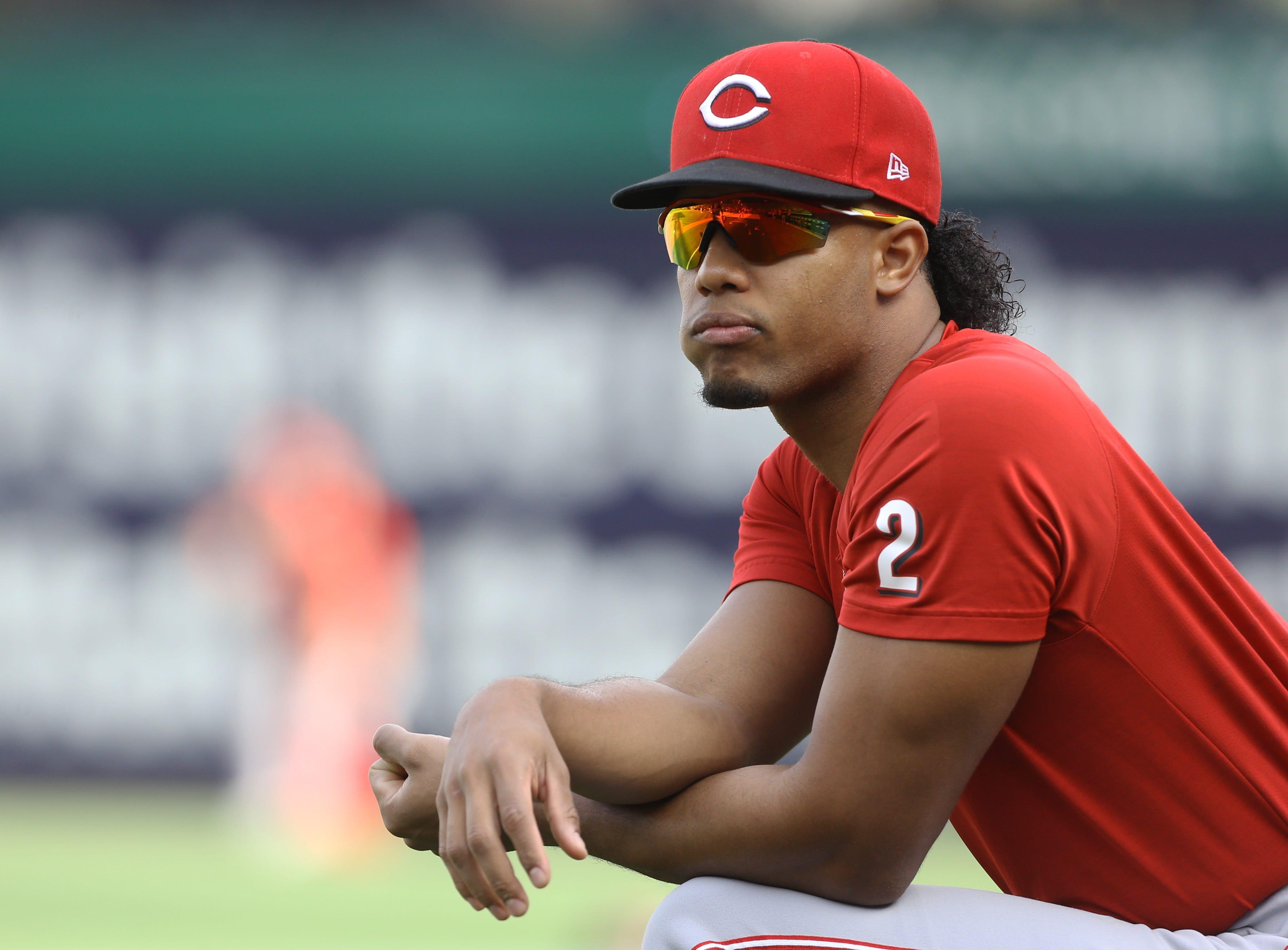 Aug 20, 2022; Pittsburgh, Pennsylvania, USA; Cincinnati Reds shortstop Jose Barrero (2) looks on during batting practice before the game against the Pittsburgh Pirates at PNC Park. Mandatory Credit: Charles LeClaire-USA TODAY Sports