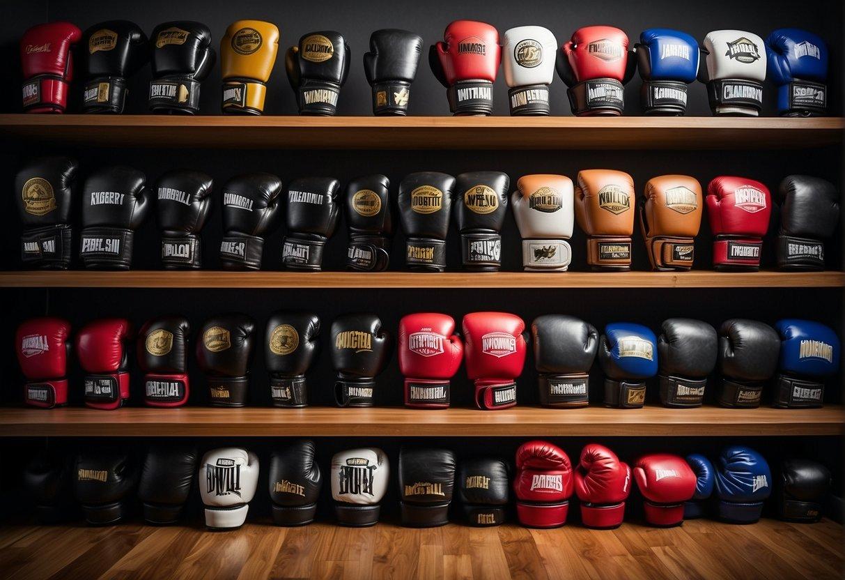 A variety of boxing and MMA gloves in different sizes displayed on a shelf or table