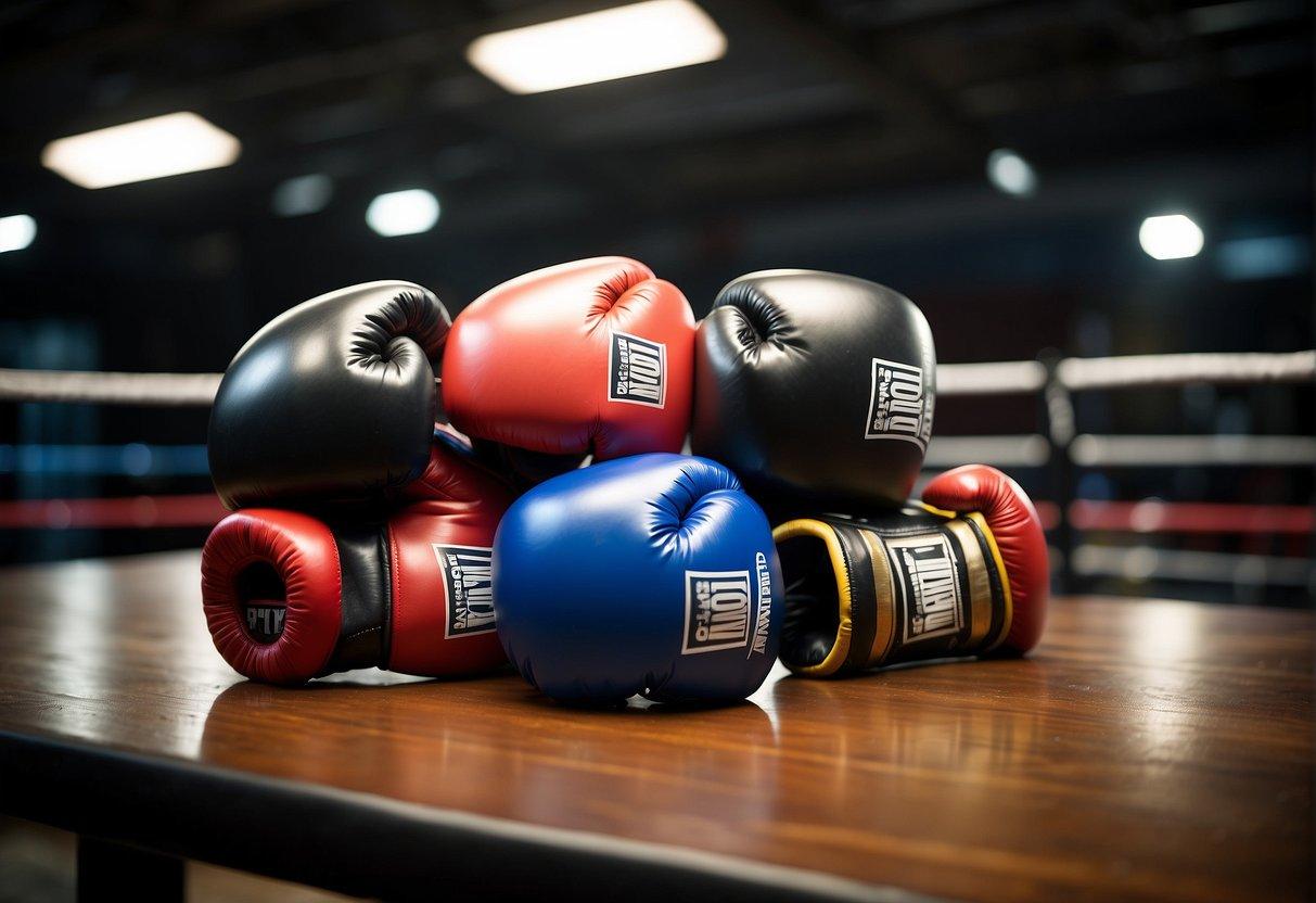 A table with various sizes of boxing and MMA gloves, showcasing different materials and quality levels