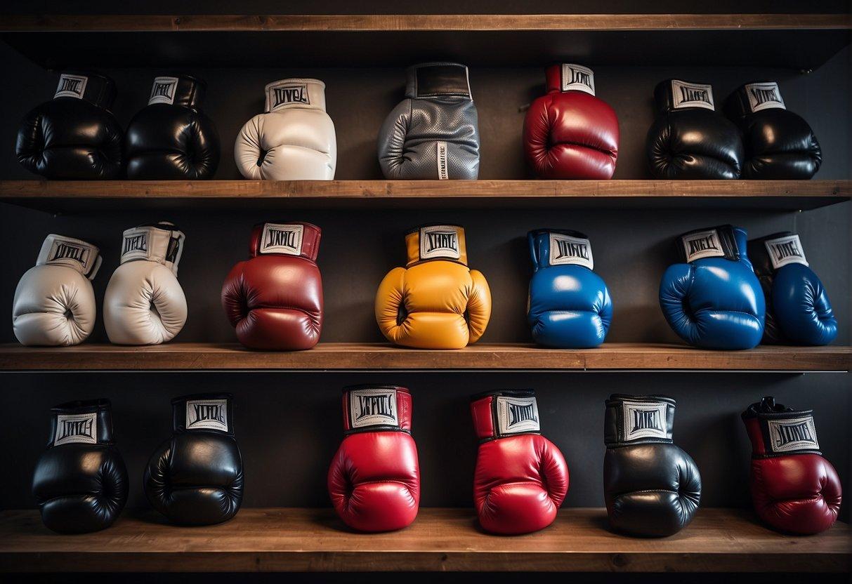 A pair of boxing and MMA gloves in various sizes and colors displayed on a shelf or table