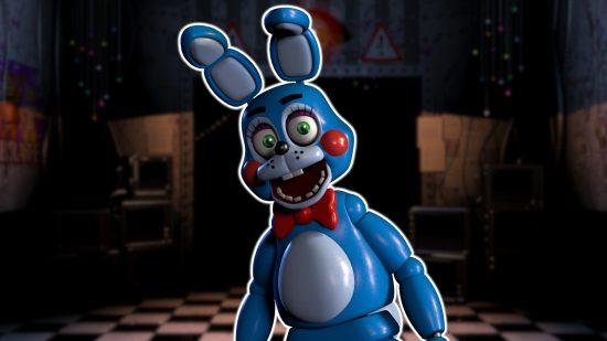 FNAF Bonnie: Rockstar Bonnie outlined in white and pasted on a blurred FNAF 6 security room screenshot