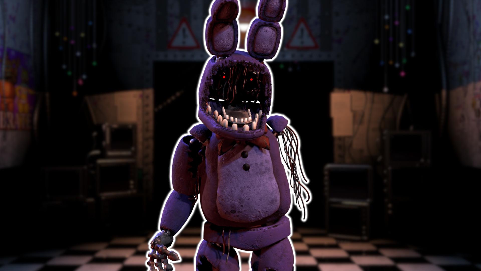 FNAF Bonnie: A cartoon rendition of Glamrock Bonnie outlined in white and pasted on a blurred screenshot of the Mega Pizzaplex lobby