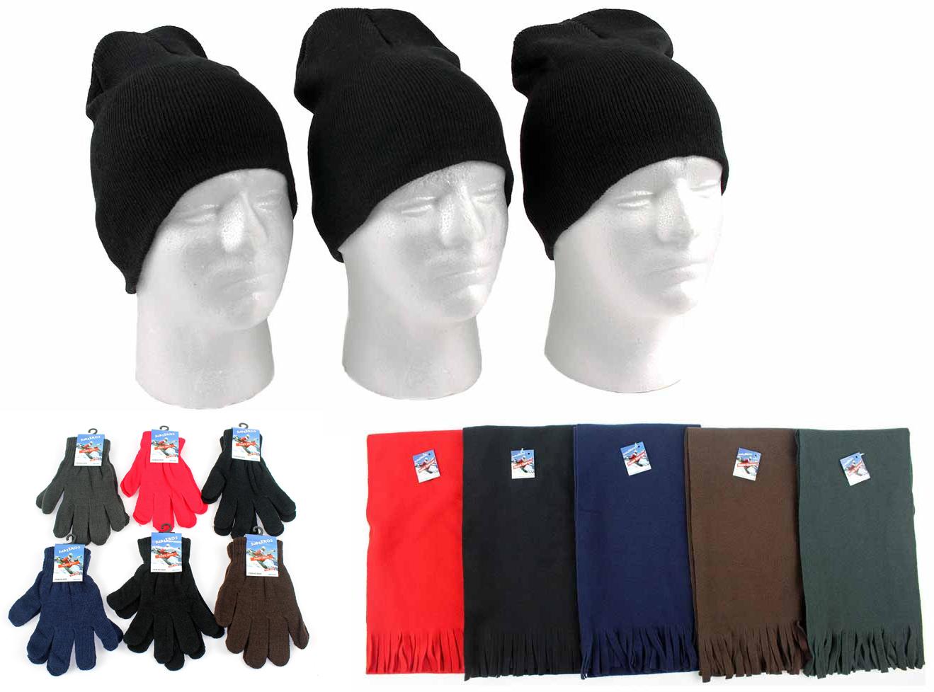 Adult Beanie Winter Knit Hats, Adult Magic Gloves, and Adult Solid Scarves Combo Packs