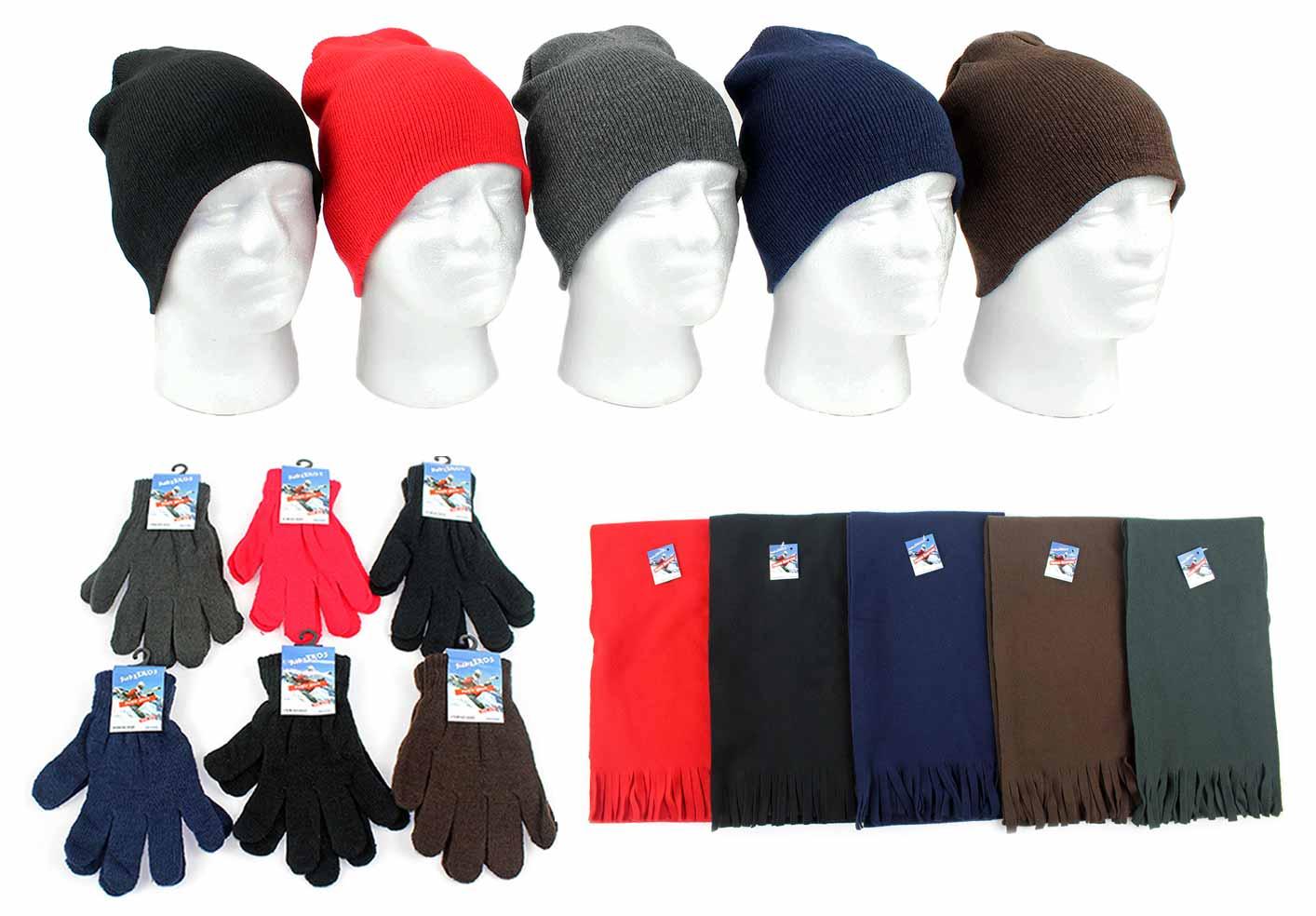Adult Beanie Winter Knit Hats, Adult Magic Gloves, and Adult Solid Scarves Combo Packs
