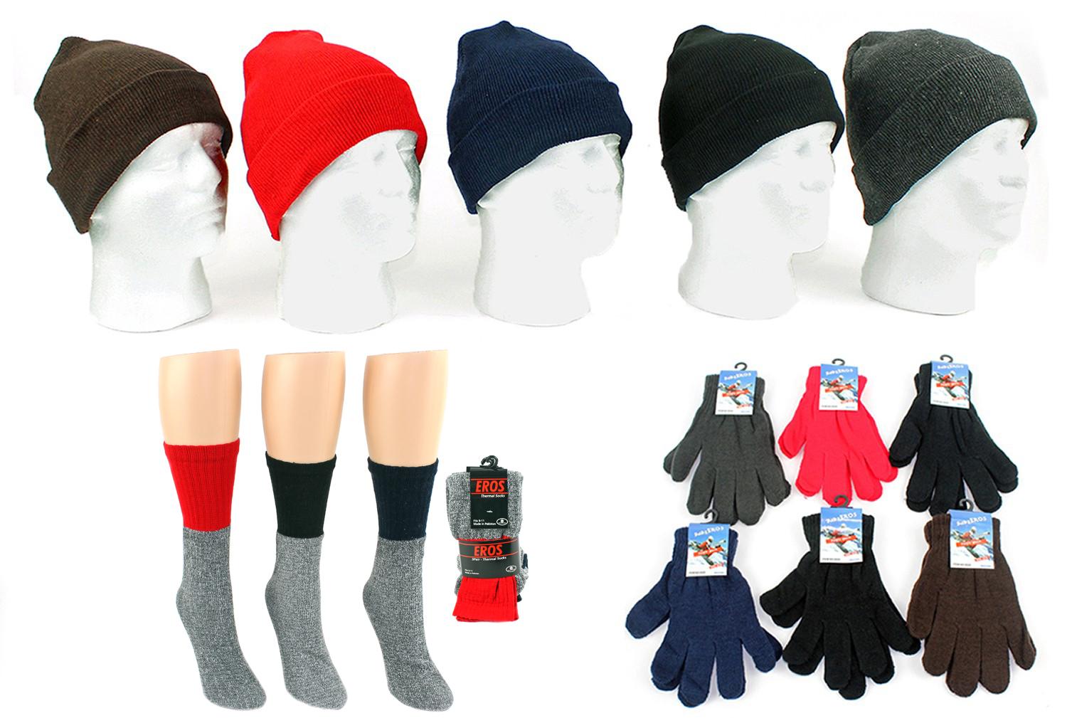 Adult Cuffed Winter Knit Hats, Adult Magic Gloves, & Women