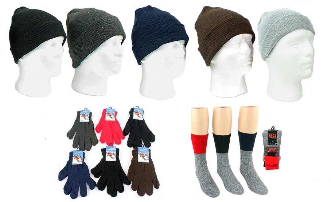Adult Cuffed Winter Knit Hats, Adult Magic Gloves, and Men