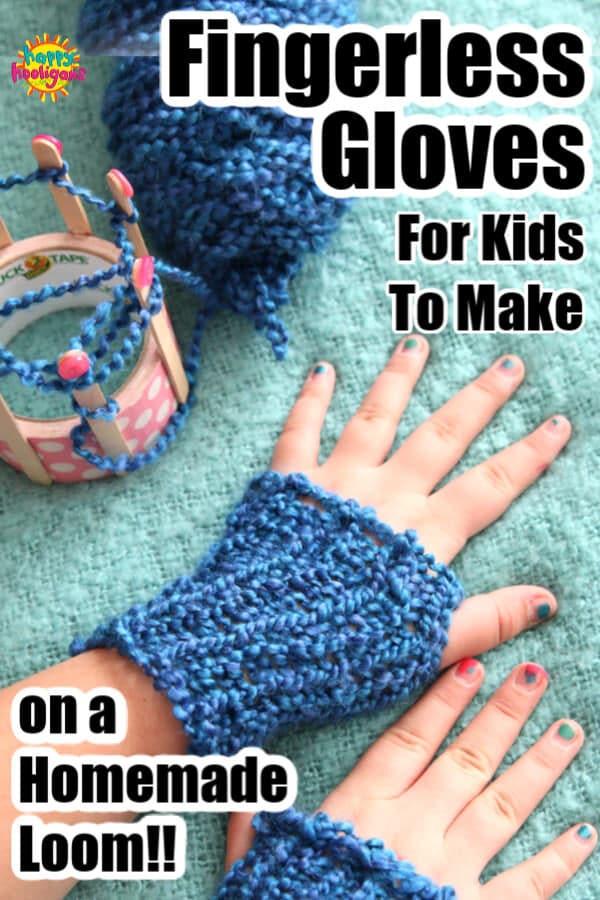 3 kids modelling homemade french knit fingerless gloves