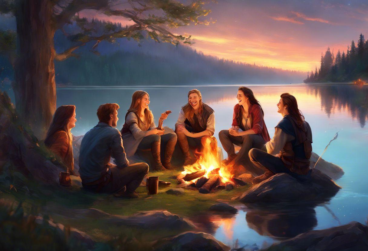 Friends enjoying a campfire in a beautiful natural setting.