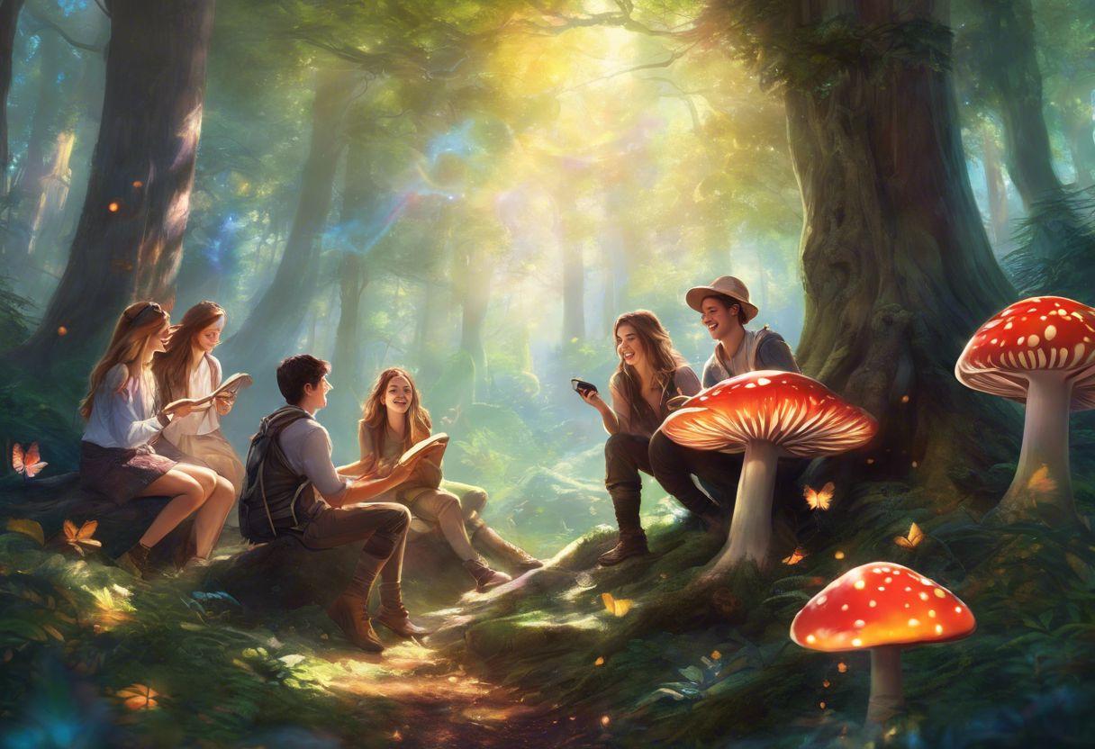 Friends enjoying magic mushroom gummies in a peaceful forest clearing.
