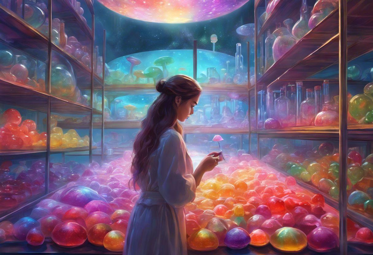 A person carefully reading magic mushroom gummies dosage and potency label.