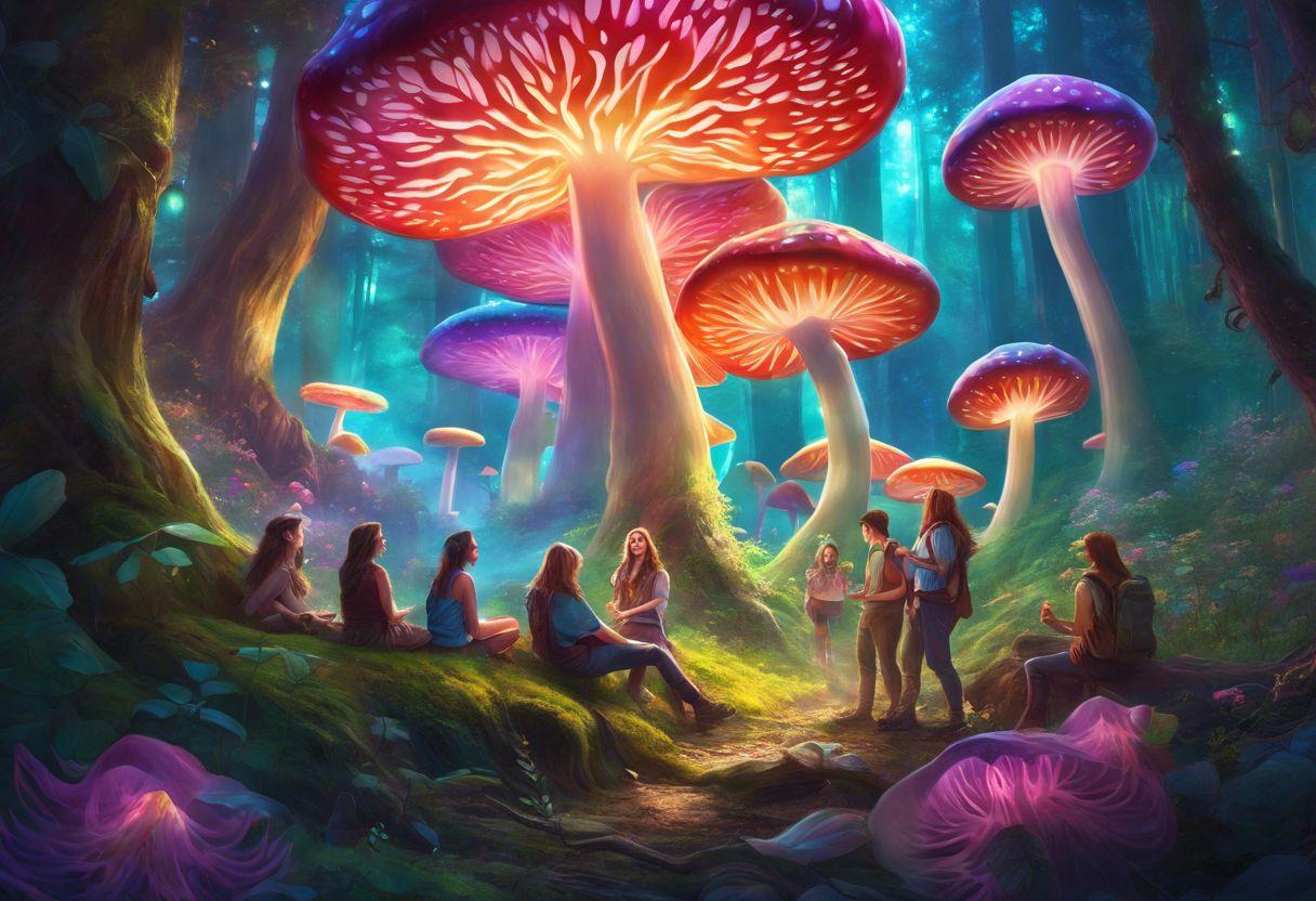 A person holding vibrant mushroom gummies in a forest setting.