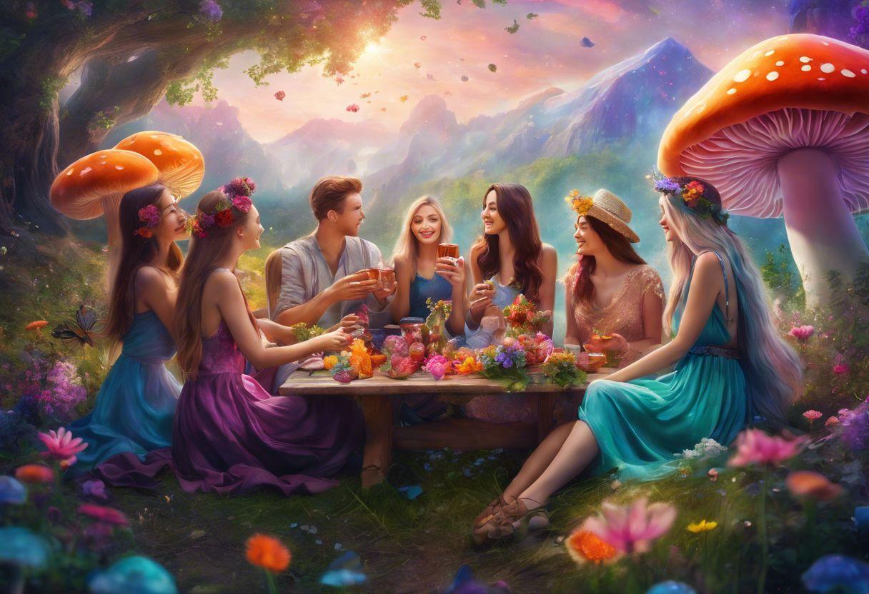 Friends bonding over magic mushroom gummies at a colorful outdoor picnic.