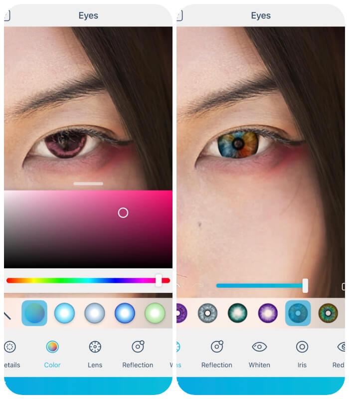 YouCam Makeup eye color changing app offers up to 207 free eye color filters for users to try natural eye color changing.