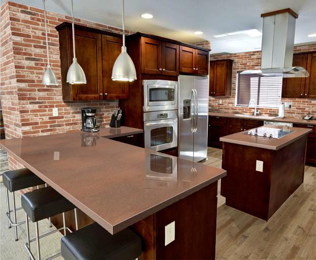 A modern kitchen with brown countertop