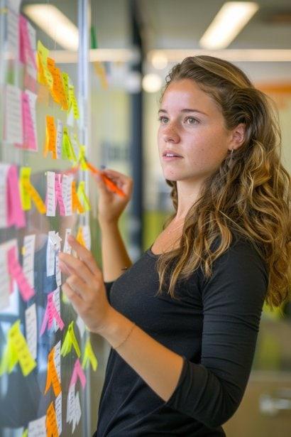 A young female professional, looking focused and determined, standing in front of a large glass board filled with sticky notes and markers. Each note is color-coded, representing different tasks, with some marked as urgent or important. She