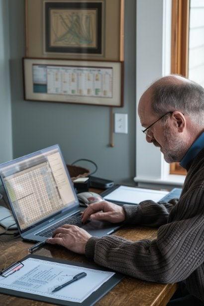A mid-aged male professional, appearing contemplative and analytical, seated at a minimalist desk with a laptop, a notepad, and a digital pen. On his laptop screen is a spreadsheet that categorizes tasks by value and impact, reflecting his process of logical evaluation.