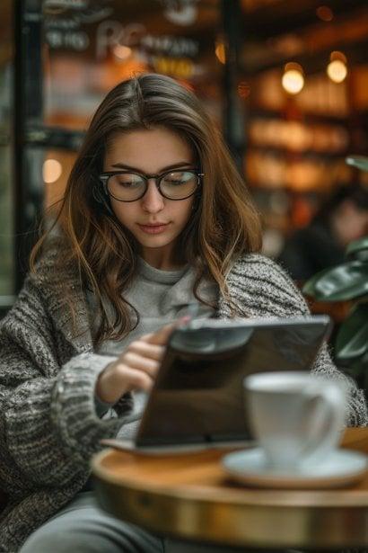 A young female professional, looking engaged and strategic, sitting at a café with her digital tablet open to a task management app. She