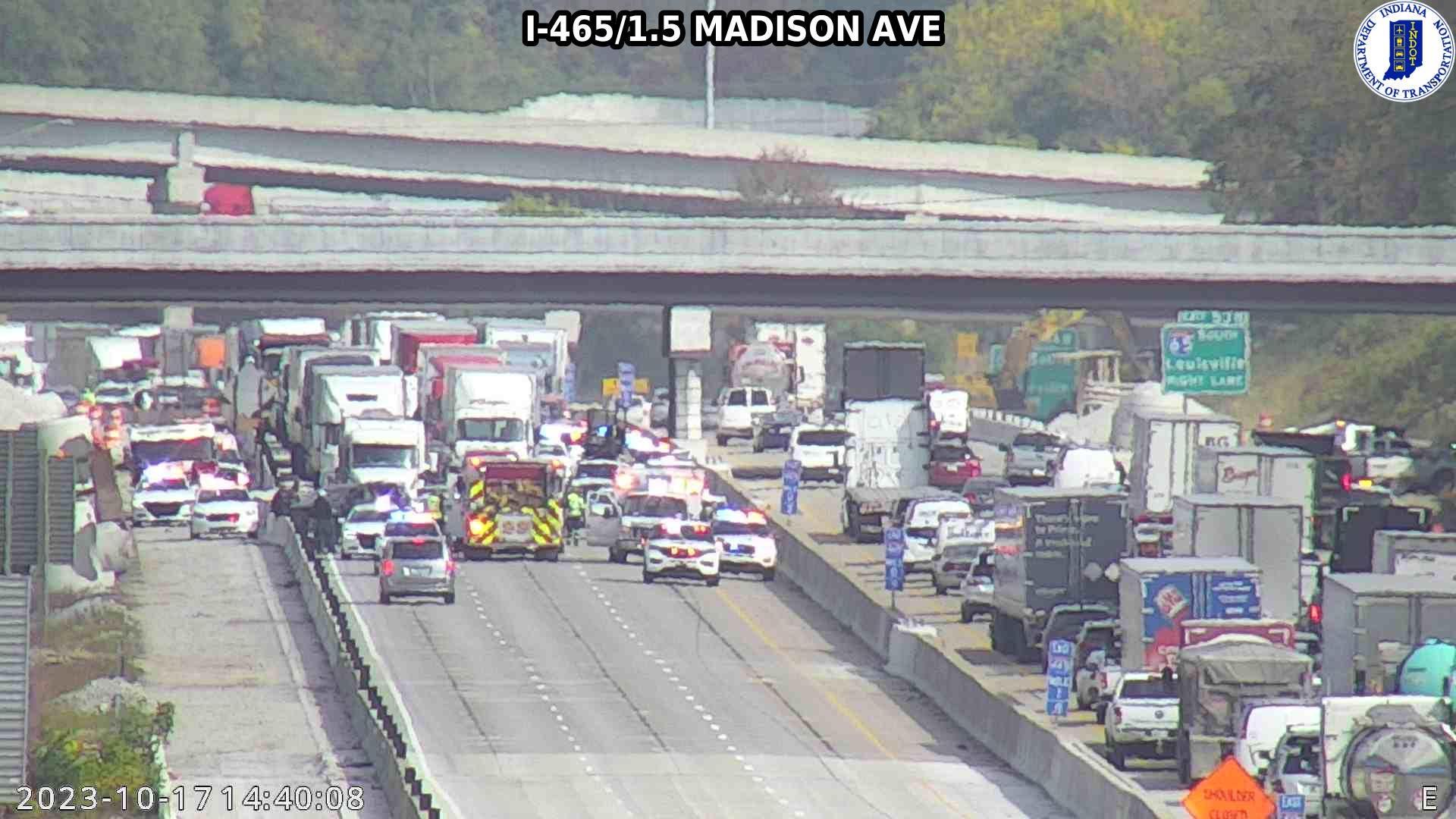 Traffic along I-465 near South Keystone Avenue and I-65 is as a halt after a police pursuit ended in a crash shortly before 2:30 p.m. Oct. 17, 2023.