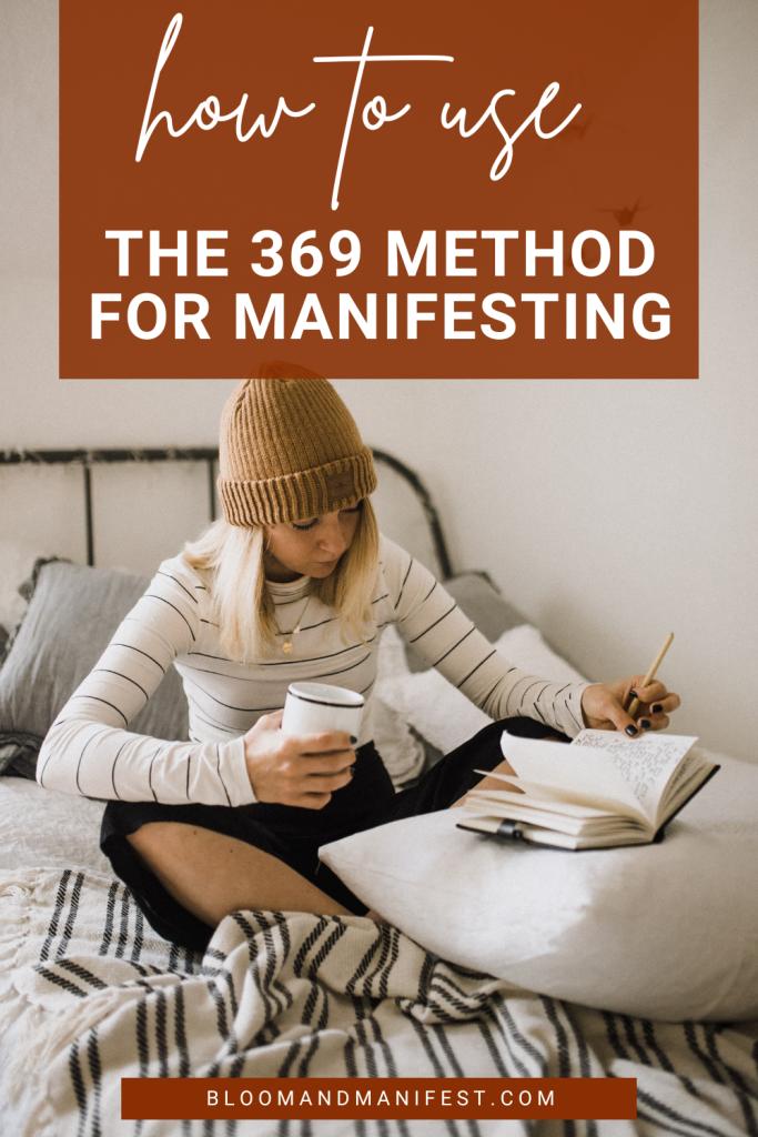 girl journaling on bed with coffee for 369 method for manifesting