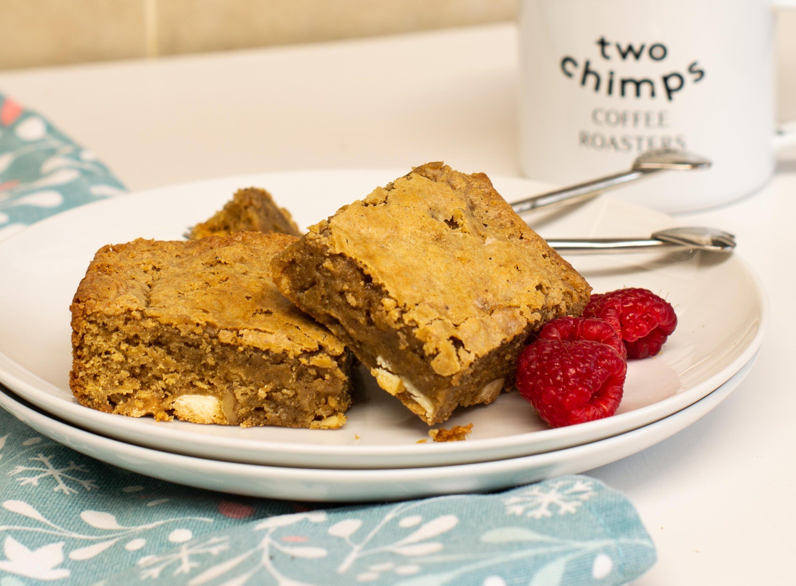 Ingredients for coffee blondies laid out on a chopping board