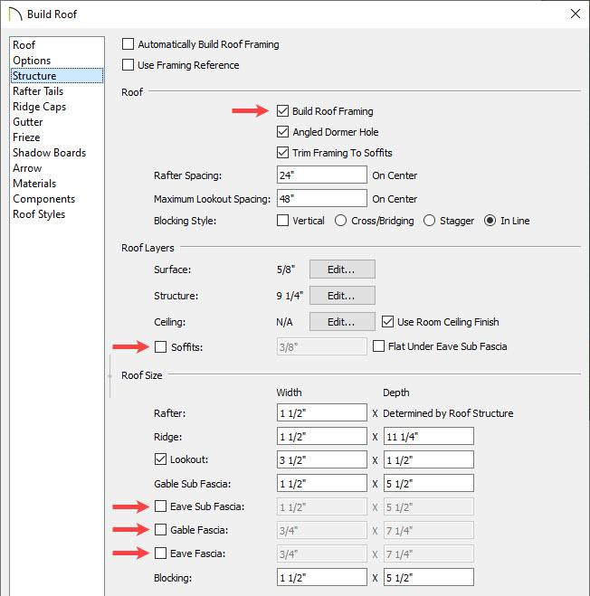 Check and Uncheck settings located on the Structure panel of the Build Roof dialog