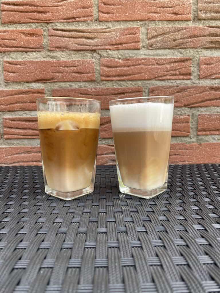 A side-by-side comparison between a shaken espresso and a latte.