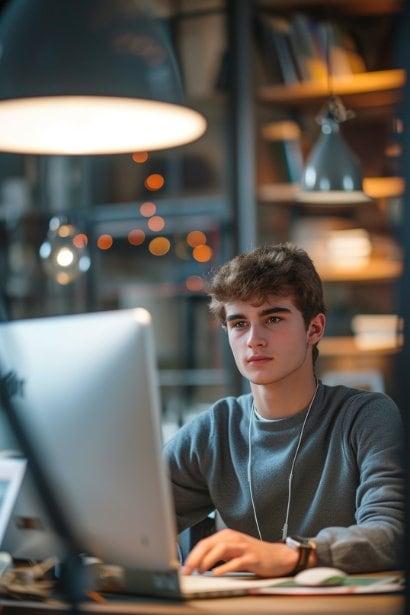 An image of a young male employee, looking focused and diligent, working at his desk in an open-plan office. The office environment is modern and well-lit, reflecting a typical corporate atmosphere. His expression and posture demonstrate engagement with his work.