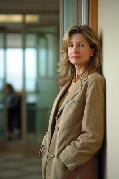 A photo of a mid-aged female department head, looking confident and competent, standing in the doorway of a department like Marketing or HR. She