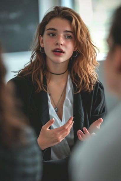 A young female professional, looking engaging and charismatic, conducting a small workshop or team meeting. She