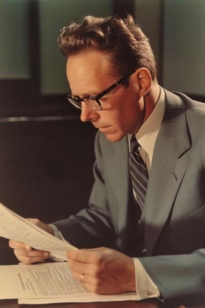 An image of a mid-aged male employee, looking content and secure, reviewing a document that represents a benefits plan. He