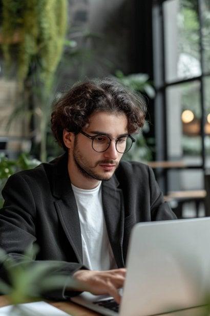 A young male professional, looking innovative and futuristic, working on a laptop with data analytics on the screen. He