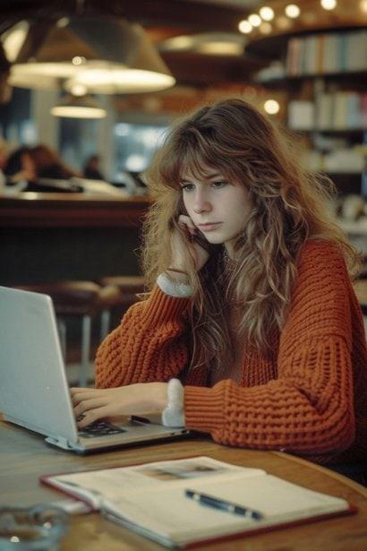 A young female job seeker, looking determined and hopeful, browsing job listings on her laptop at a café. She