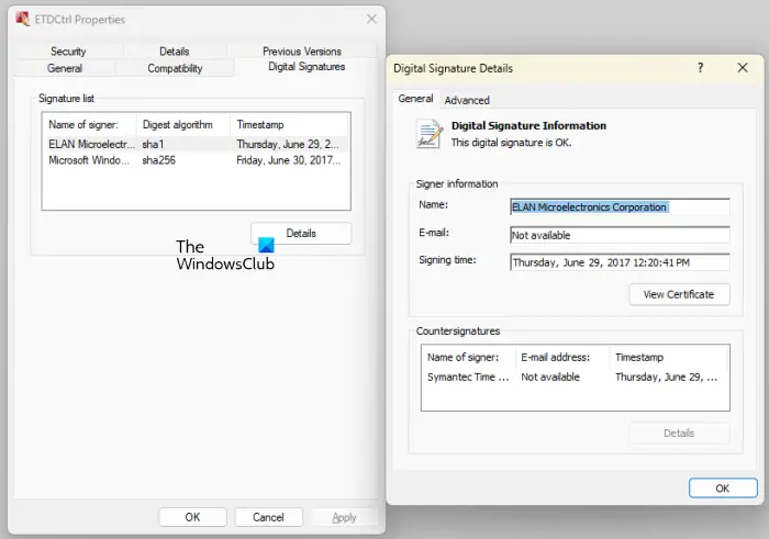 Digital Signature information of ETDCtrl