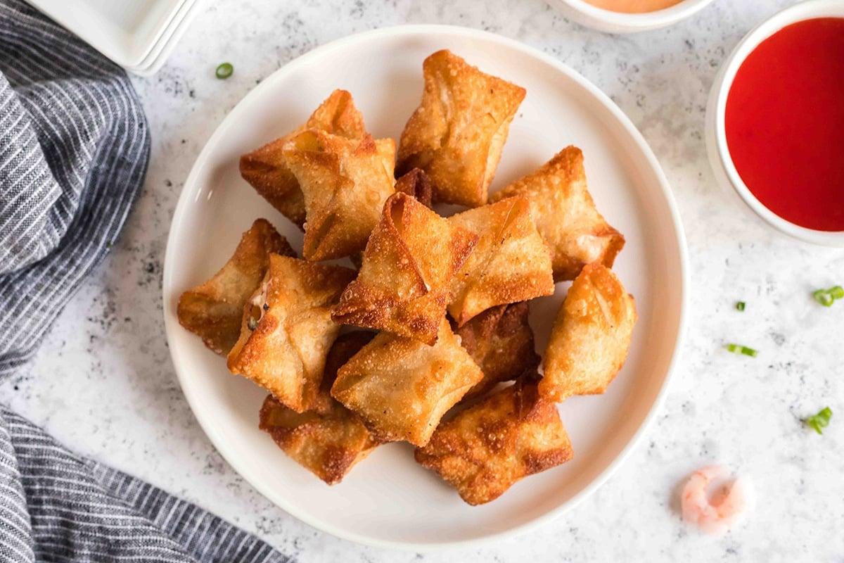 overhead shot of plate of shrimp rangoon