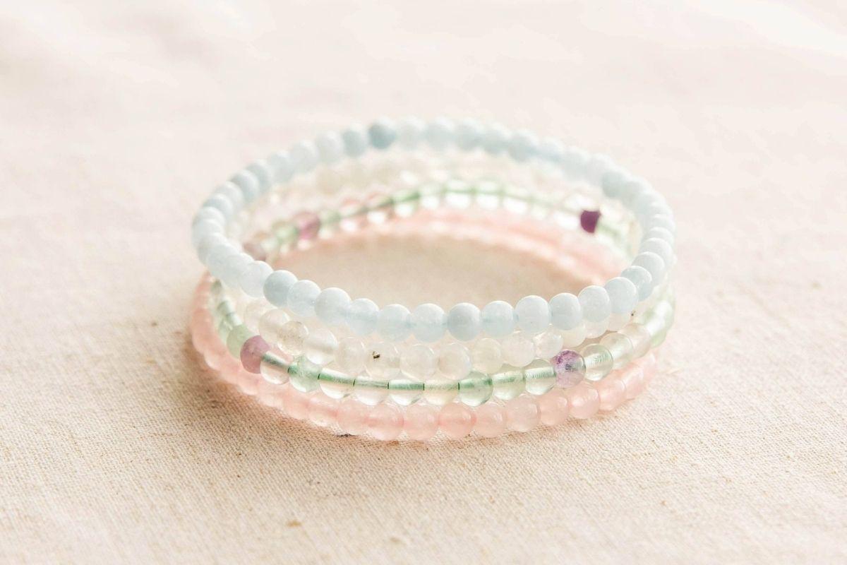 Aquarius gemstone bracelets including aquamarine, rainbow moonstone, rainbow fluorite and rose quartz