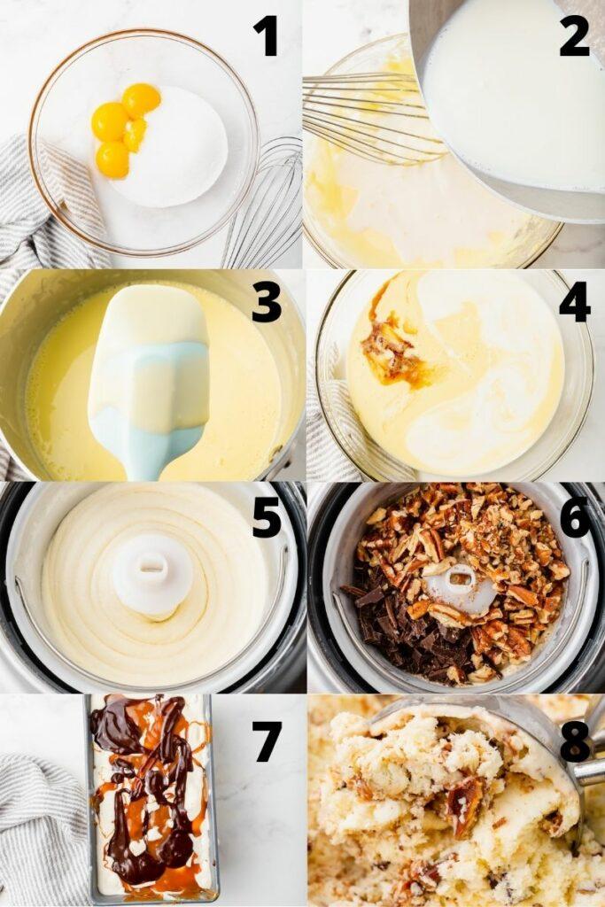 a photo collage of 8 steps needed to make a tradtional turtle ice cream from scratch recipe.