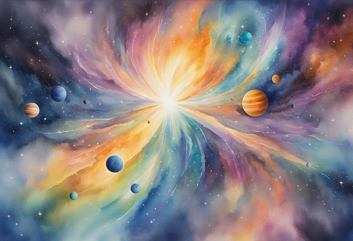 A swirling galaxy of colorful planets, each with unique features and characteristics. Rays of light and energy emanate from the center, creating a sense of mystery and wonder